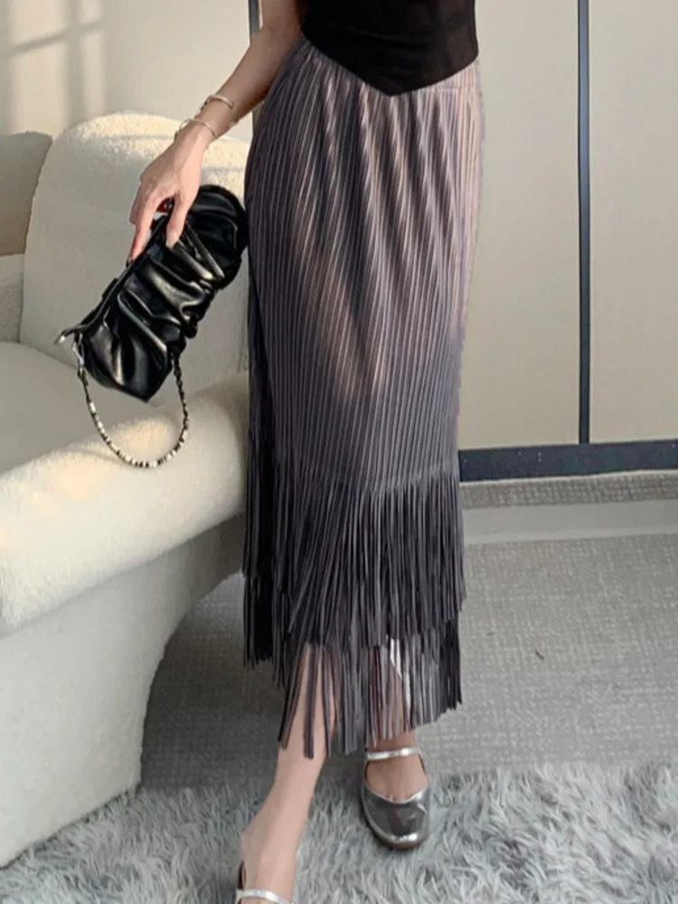 Miyake Pleated Tassel Women's Skirt Solid Color Casual High Waist A-line Long Party Skirts Elegant 2024 Autumn New