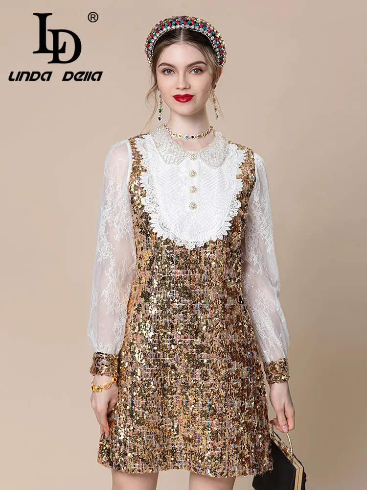 LD LINDA DELLA 2024 korean Summer luxury dress Women's Splice long sleeve Ruffle Glisten Sequin Zipper Button Lace Mini Dress