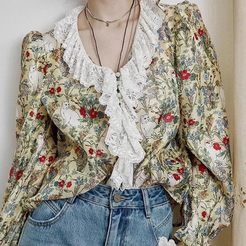 

Весна 2025 года, кружевная блузка с длинным рукавом и цветочным принтом в стиле пэчворк, женские элегантные винтажные топы, летние повседневные шифоновые рубашки