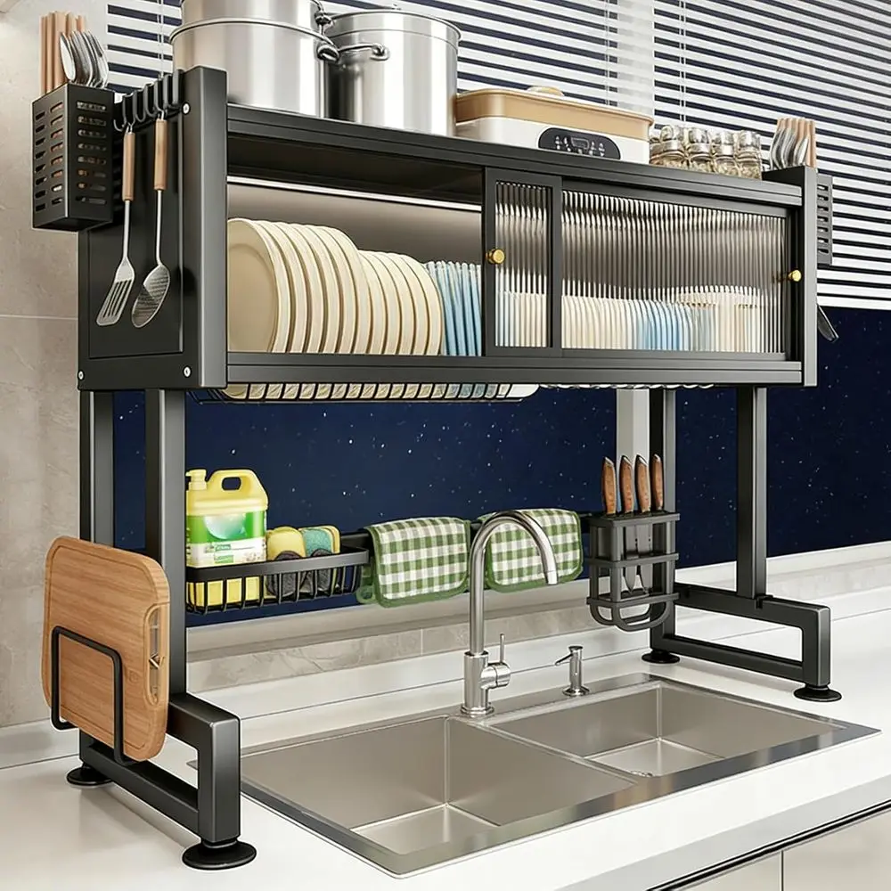 

Space-Saving Sink Counter Dish Drying Rack with Dustproof Cover, Cutlery Holder & Organizer for Kitchen Utensils