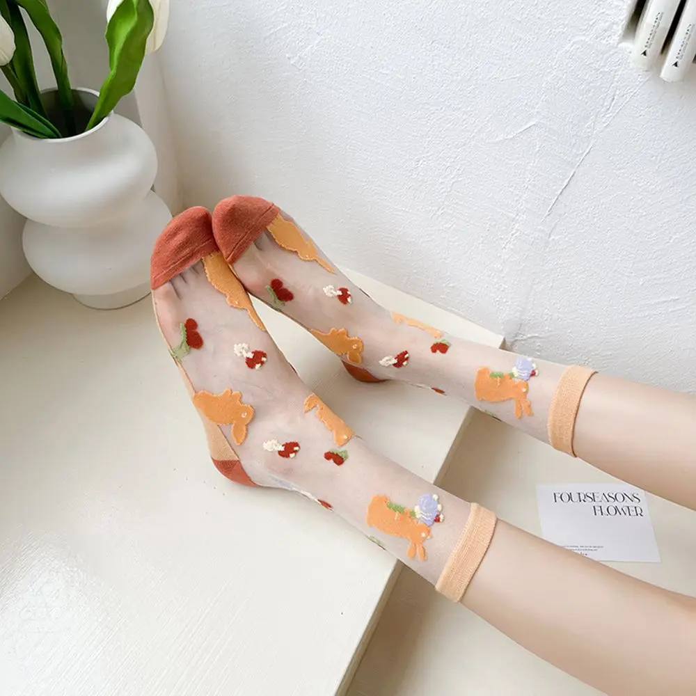 

Personality Ultra-thin Sweet Japanese style Women Lovely Middle Tube Socks Female Hosiery Flower Socks Glass Silk Socks