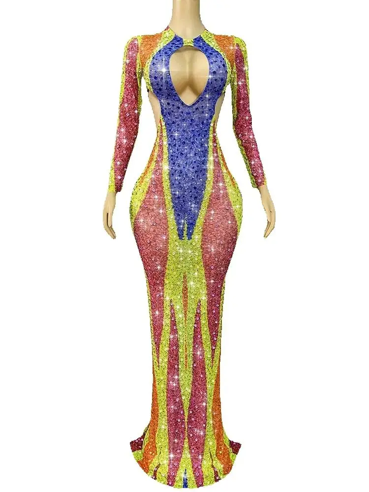 Vestido de malla bloqueado de Color elástico con abertura calada Sexy estampado en caliente de alta calidad 2025, nueva moda, ropa personalizada para mujer