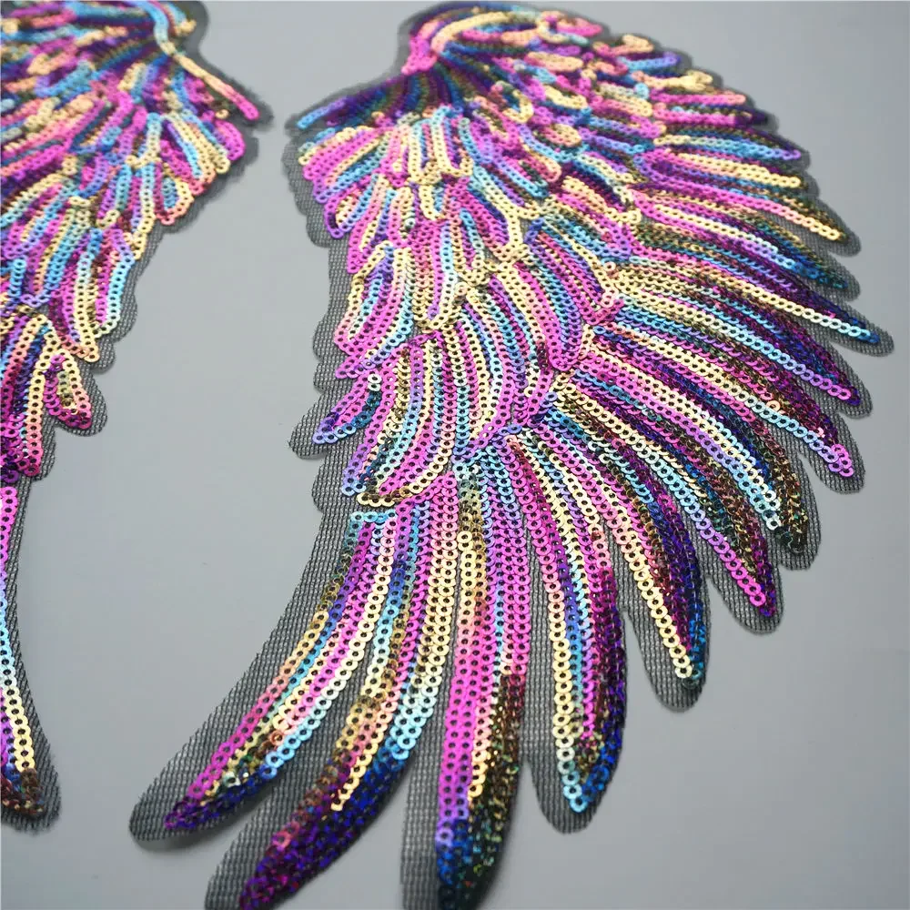 2PCS Rainbow Feather Wings Sequin Dreamy Sew Iron On Patches Embroidered Badges For Clothes DIY Appliques Craft Decoration