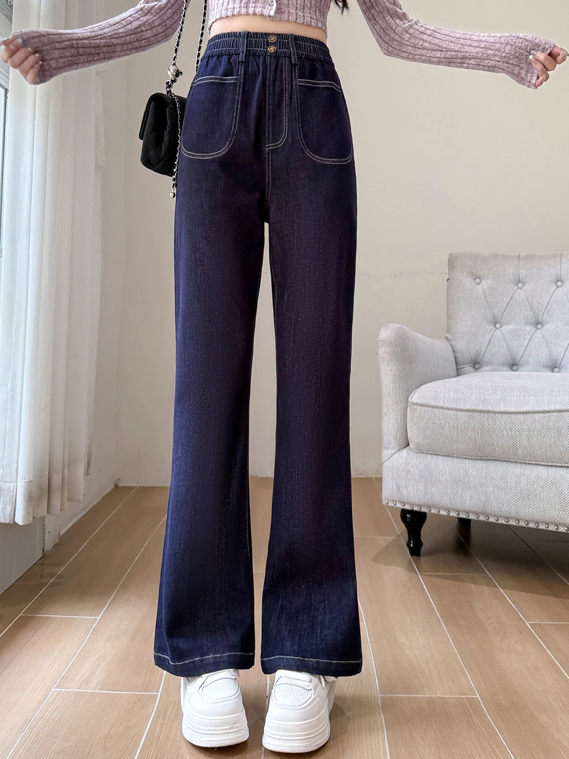 ارتفاع الخصر واسعة الساق جينز غير رسمي فضفاض صالح مطاطا الدنيم الطابق طول السراويل النسائية الخريف Faion حجم كبير بناطيل كاجوال