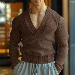 INCERUN Men Sweaters Solid Color Knitted V Neck Long Sleeve Casual Men Clothing Streetwear 2024 Fashion Male Pullovers S-5XL