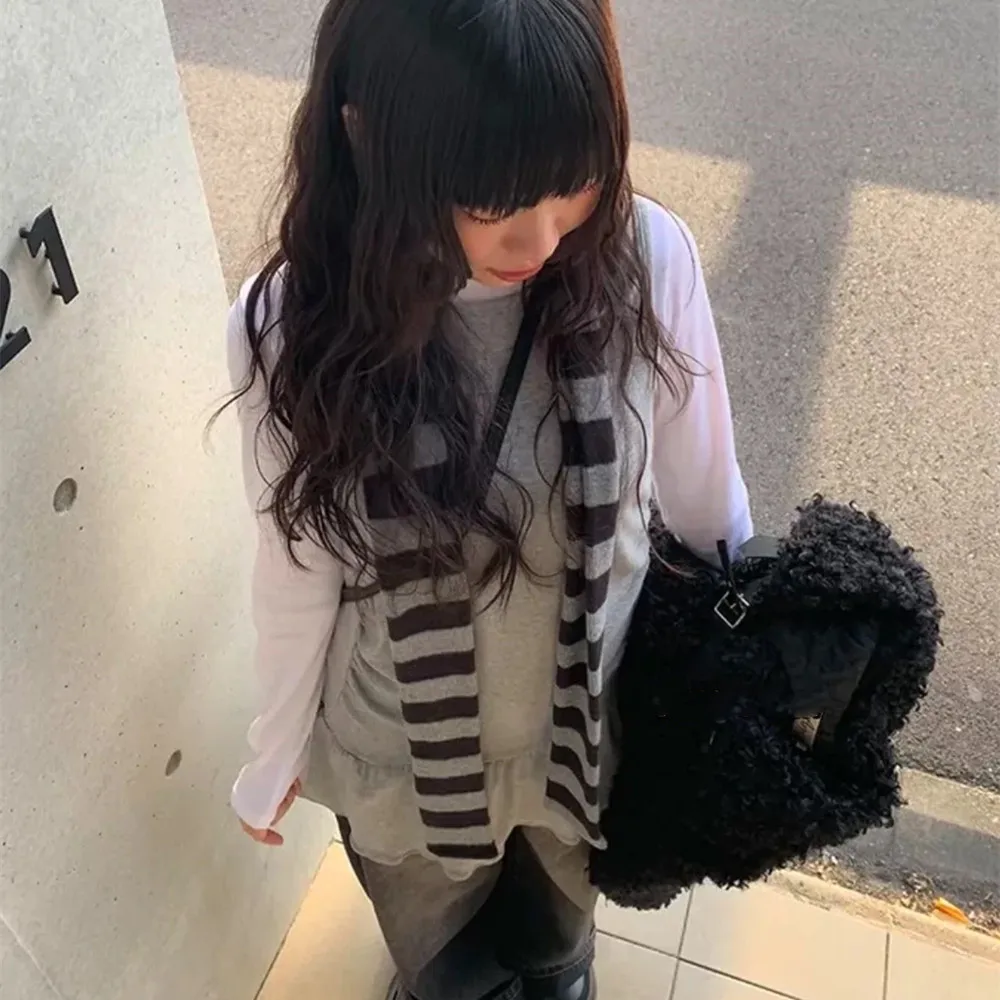 

Popular Skinny Scarf Thin Long Scarf Women Grey Striped Scarves Neckwear Women Casual Neck Warmer Y2K Punk Choker DropShipping