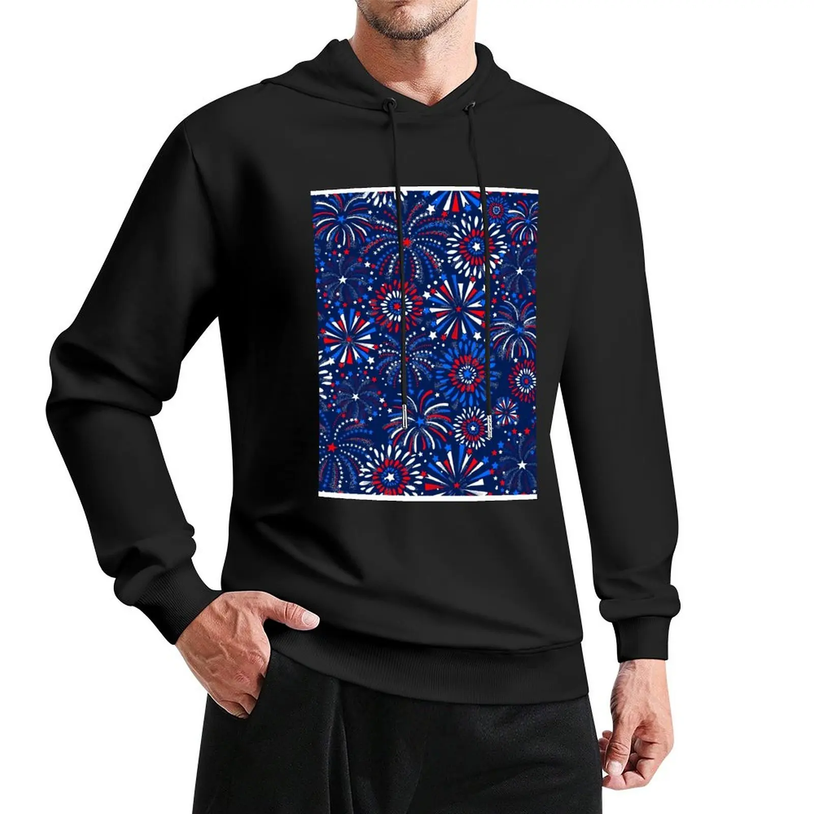 

Red White & Blue fireworks Pullover Hoodie men's sweat-shirt anime clothing aesthetic clothing man hoodie