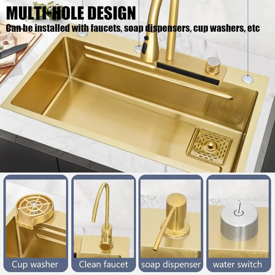 Stainless Steel Undermount Kitchen Sink With Pull-Out Faucet and Pressurized Cup Washer for Modern Kitchen 68x45x20cm Gold Fini