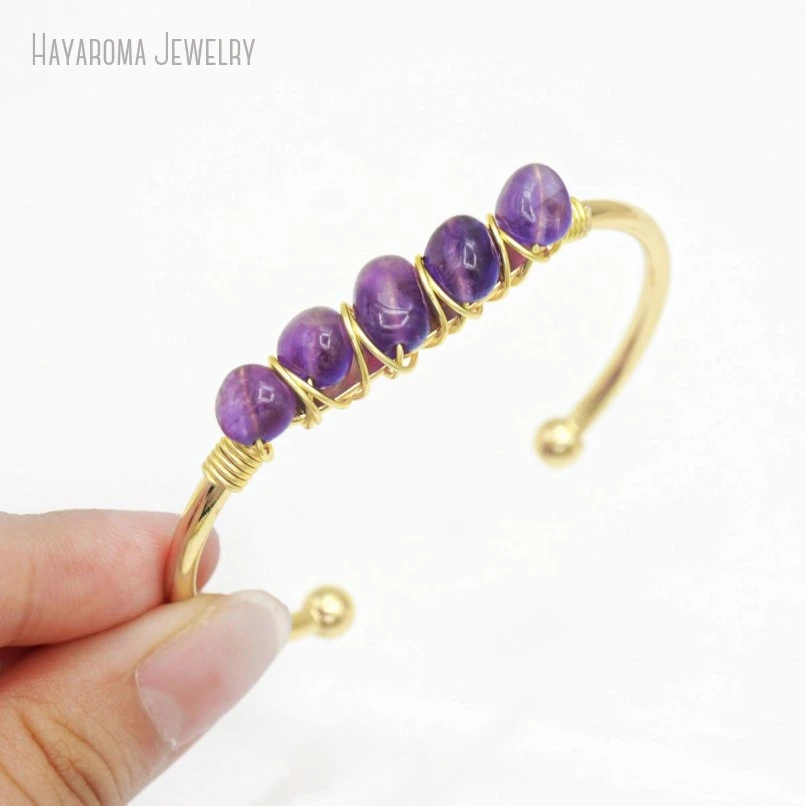 

10Pcs Natural Crystal Amethyst Cuff Bracelet Women Gold Color Adjustable K Gold Color Bangle Jewelry Bridesmaid Gift