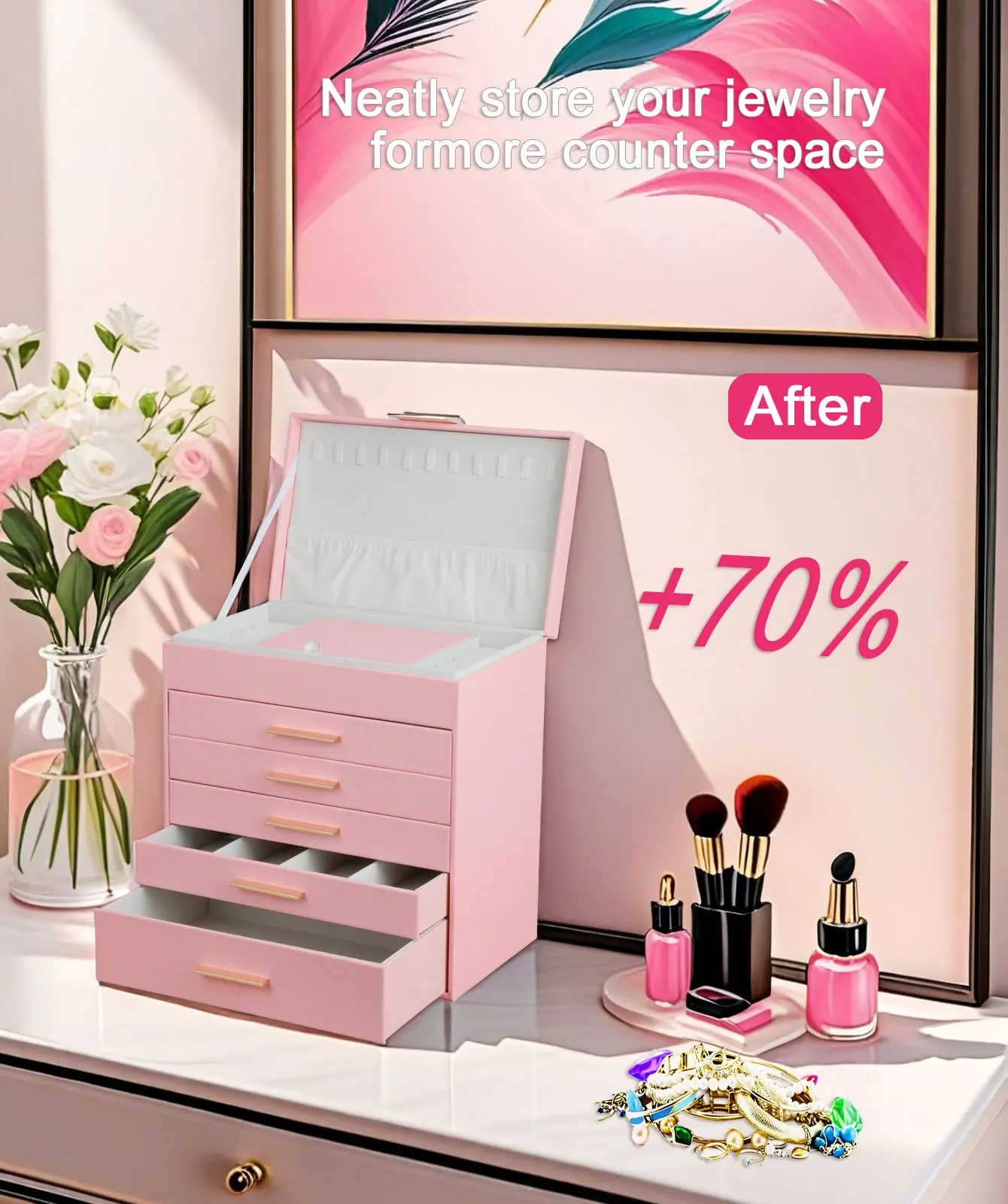 Large Jewelry Box,6-Tier PU Leather Jewelry Organizer ,Multi-functional Storage Case with Mirror,Accessories Holder wit ﻿