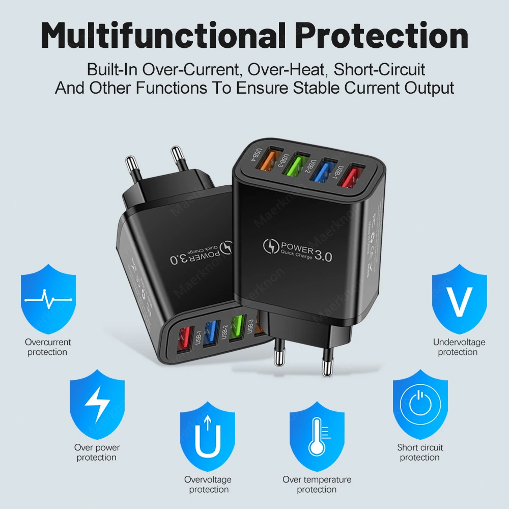 Cargador USB de 40W QC 3,0, adaptador de cargador de teléfono de carga rápida de 4 puertos para iPhone, Samsung, Xiaomi, Huawei 3.1A, cargador de pared con enchufe UE/EE. UU.