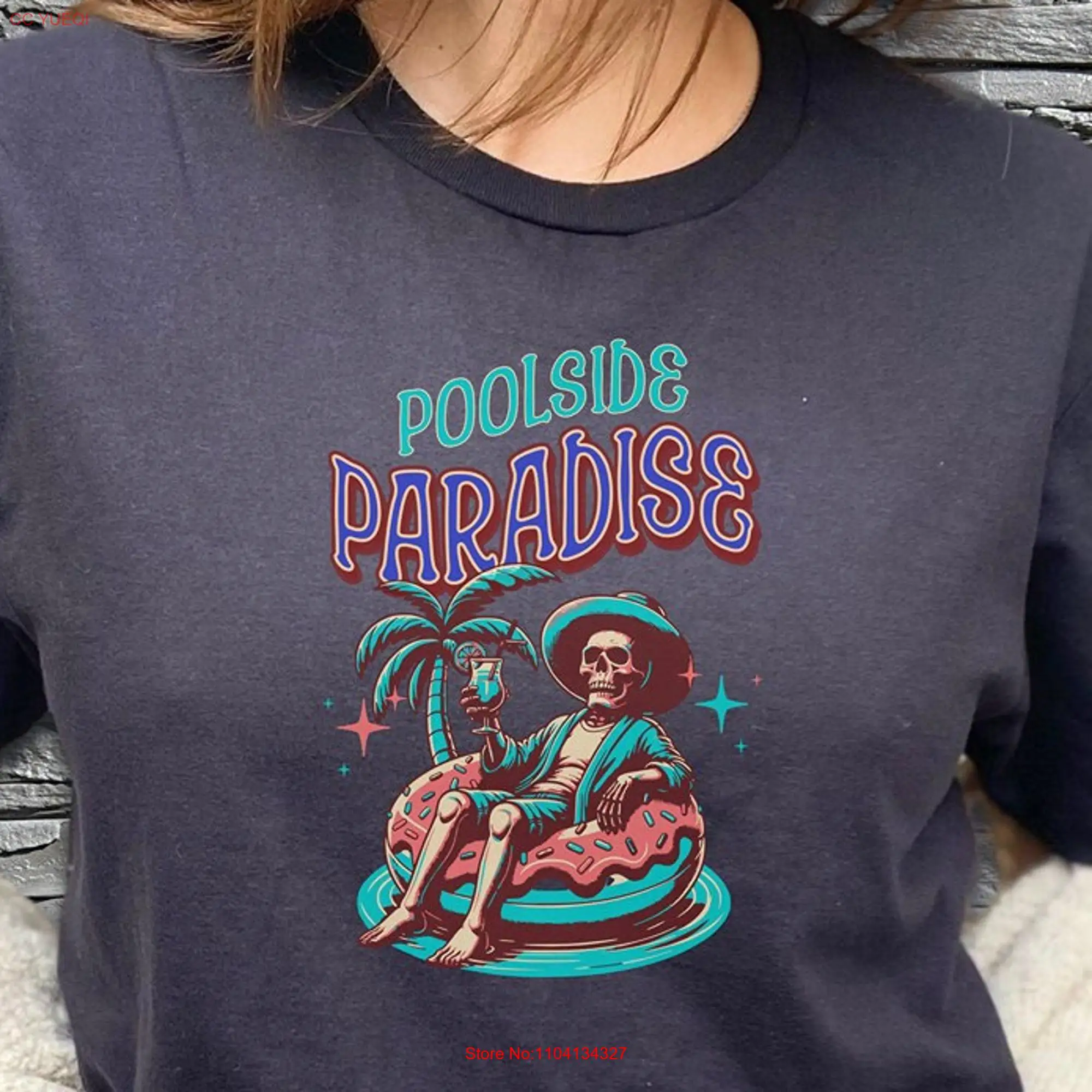 Poolside Paradise water T shirt Swimming Pool Sun and Fun Floatie skeleton funny novelty long or short sleeves