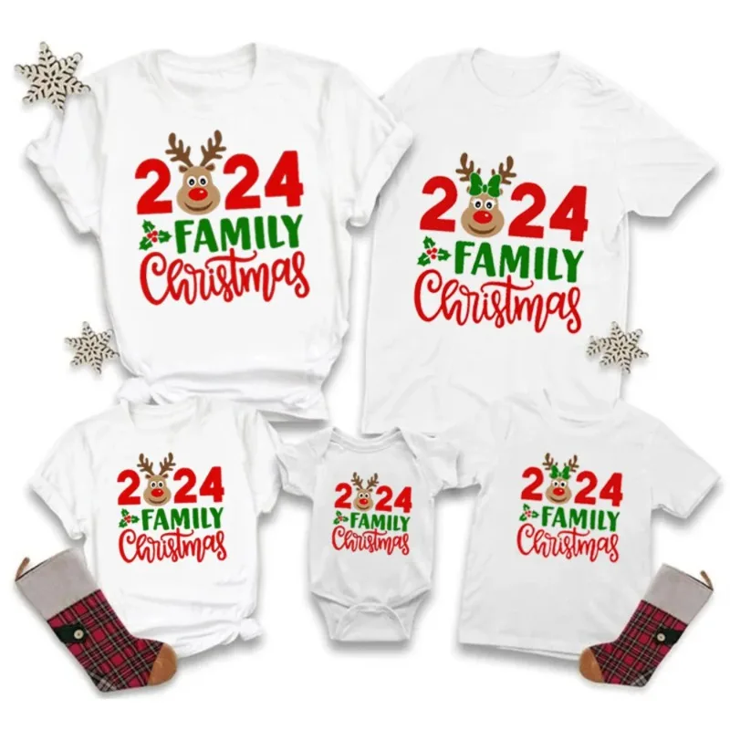 Christmas Set 2024 Family Christmas&deer Print Family Matching Outfit Christmas Day Casual Short Sleeve Holiday Clothes