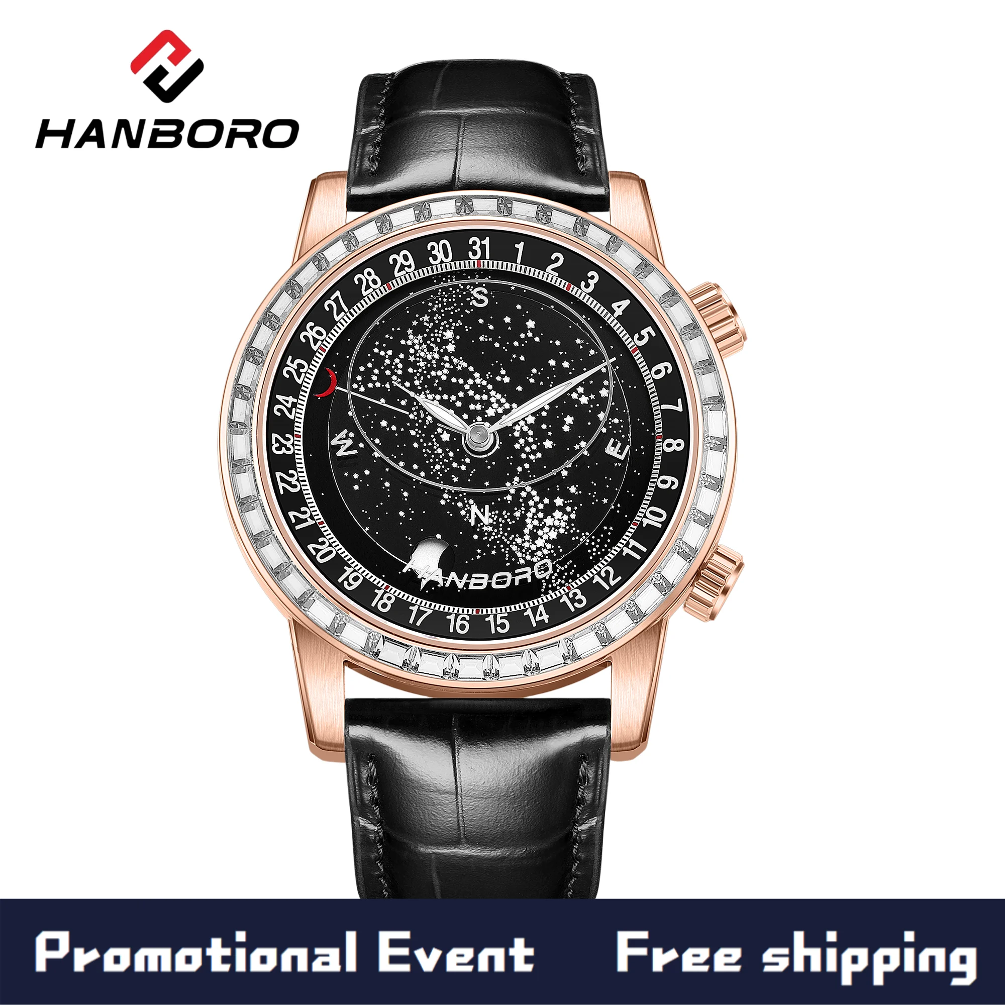 HANBORO Sternenhimmel-Serie Herren Vollautomatische Mechanische Uhr Modische Wasserdichte Uhr mit Nachtlicht