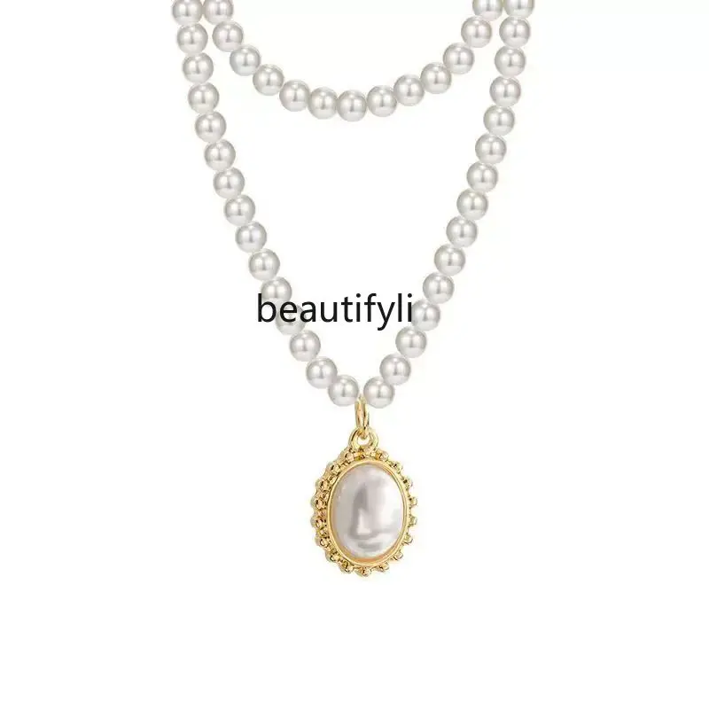 French retro double-layer pearl necklace women's new accessories light luxury high-end niche collarbone neck chain