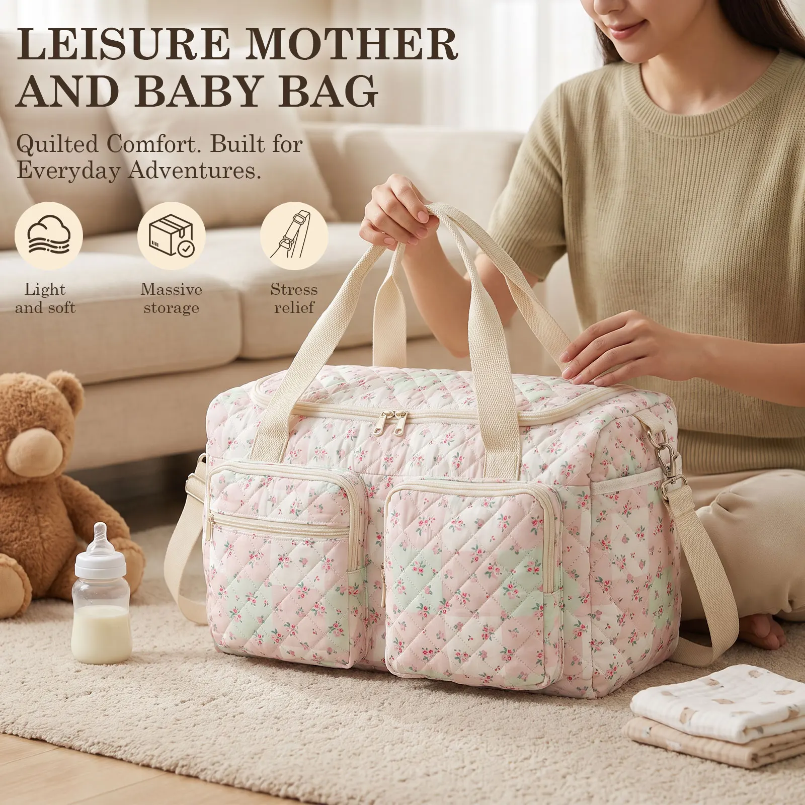 Large Capacity Mommy Portable Bag Quilted Tote Bag with Multi Pocket Baby Diaper Nappy Bag for Hospital Stays And Family Outings