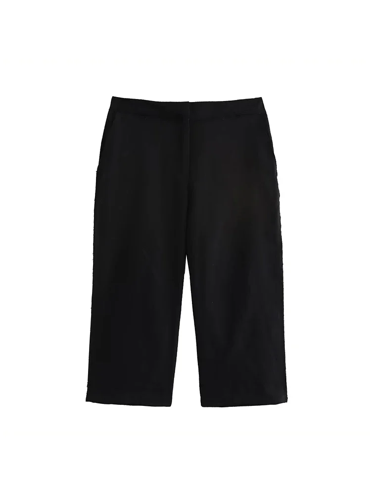 

Willshela Women Fashion Black Front Zipper Midi Straight Pants Vintage Mid Waist Calf Length Female Chic Lady Shorts