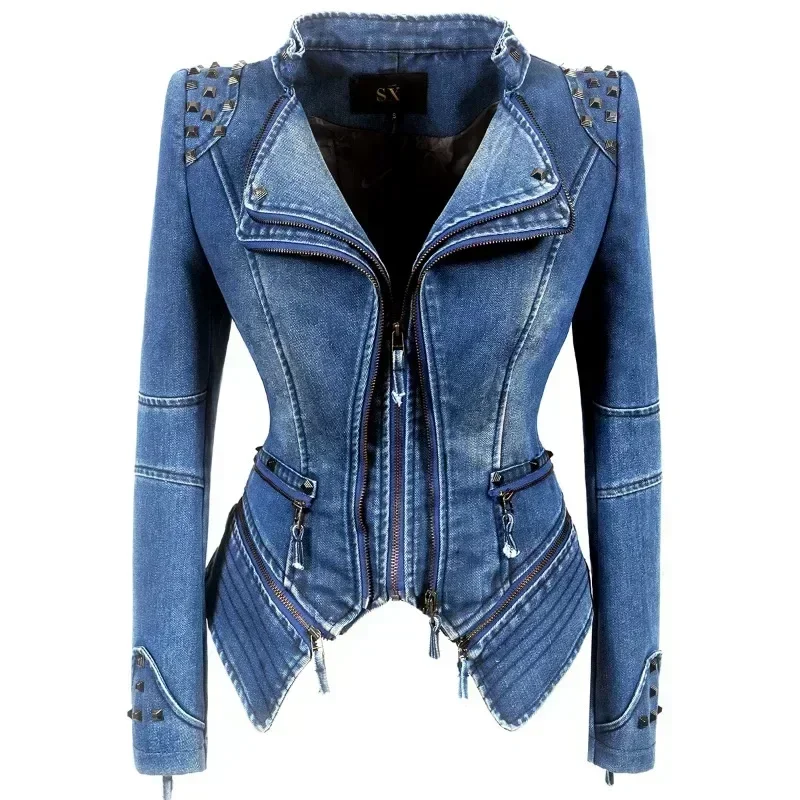 Punk Rivet Short Denim Slim Jackets Women Wash Long Sleeve Vintage Casual Studs Jean Outerwear Motorcycle Denim Coat Large Size