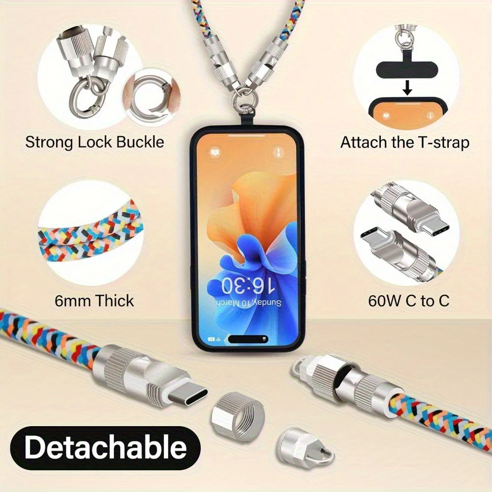 حبل هاتف مضفر 2 في 1 60 وات مضاد للخسارة مع وظيفة شحن سريع لهاتف آيفون 17 16 15 برو ماكس هواوي وشاومي وسامسونج