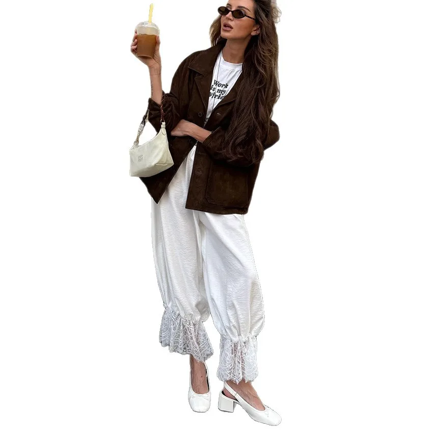 XIZOU Vintage Loose Lace Pencil Pants For Women White Elegant Elastic Waist Trousers Street Chic Ankle Length Pants 2025 Summer