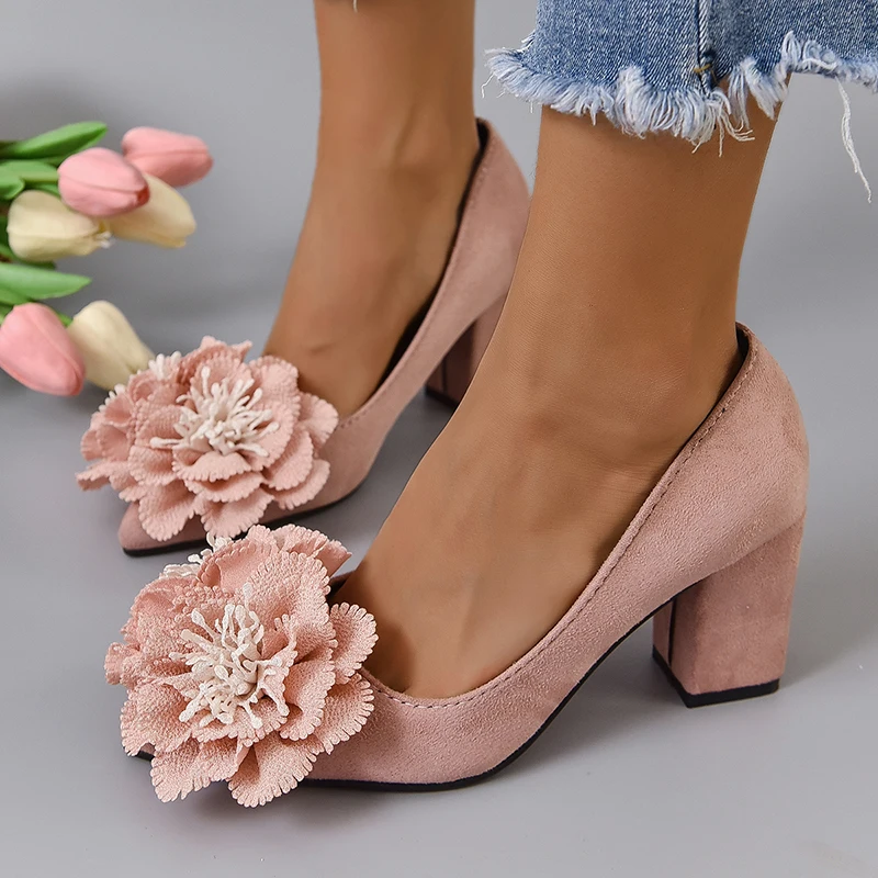 Aphixta Big Flowers With Stamens 7cm Square Heels Pumps Women Students And Adults Pointed Toe Flock Suede Shoes Plus Size 30-50