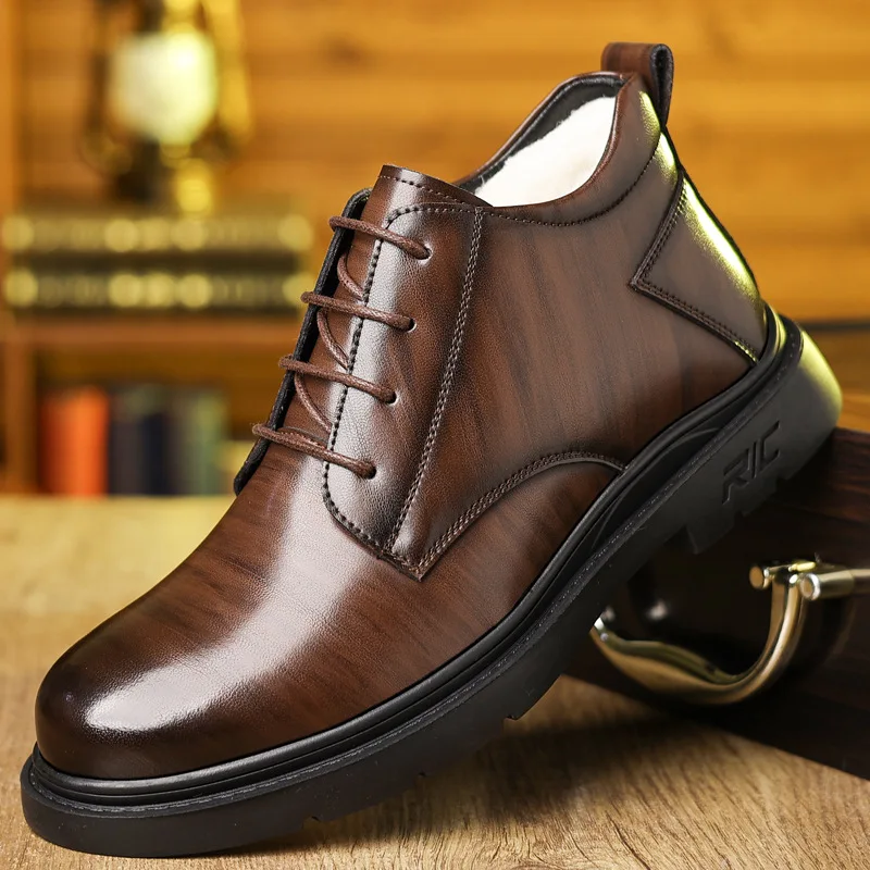 

Men's leather shoes, winter fleece, warm and comfortable, business casual high-top formal cotton boots, dress shoes