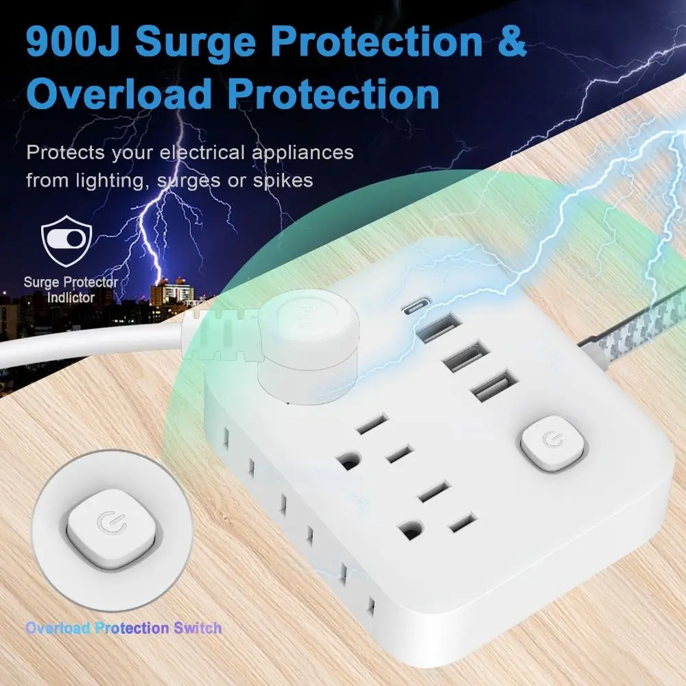 3 USB Slots Braided Cord Power Strip Braided Cord Efficient Power Distribution USB Power Strip US Plug Type C Port