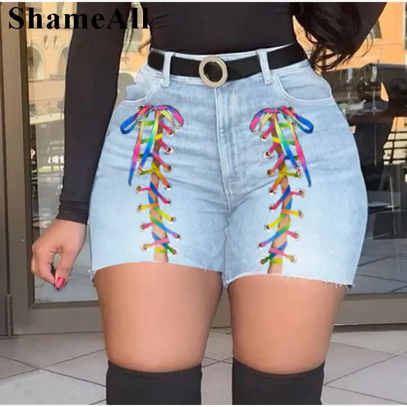 Plus Size Sexy White Blue Hollow Out Denim Shorts 4XL Summer Women High Waist Ripped Tassel Short Jeans Lace Up Bandage Hotpants