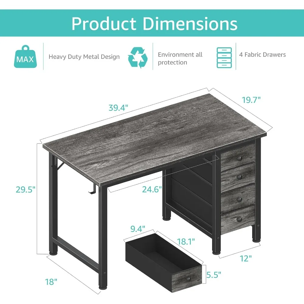 Compact Kids Study Desk with 4 Fabric Drawers, 40 Inch Cute Desk for Girls Teens, Bedroom Computer Writing Table