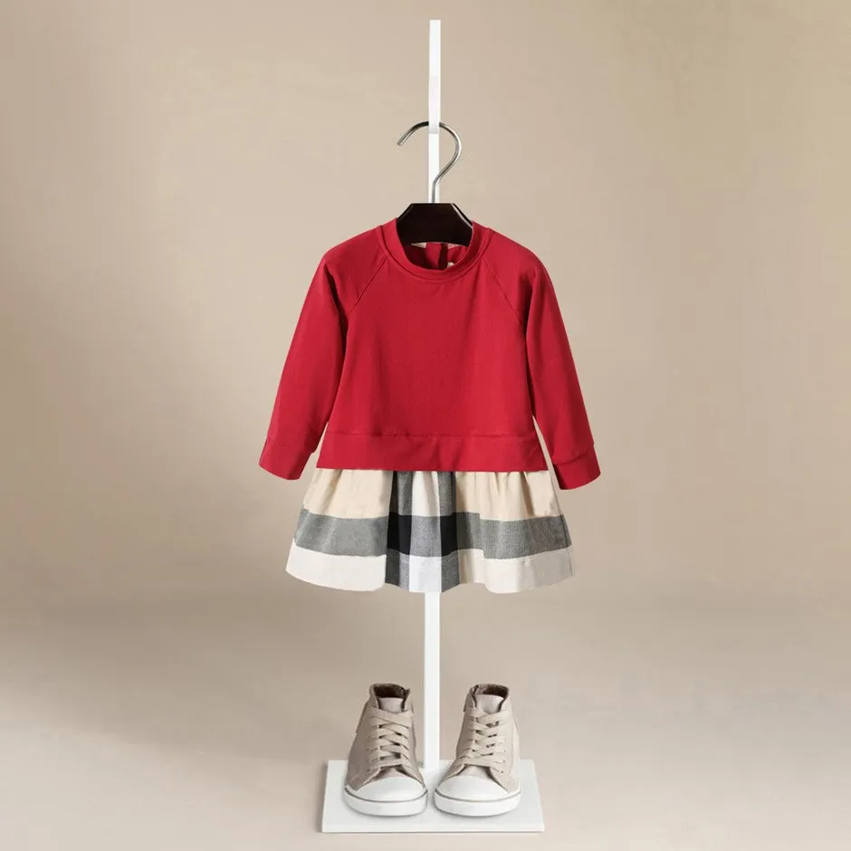 Random Stripes Design British Style Kids Girl Dress Outfits Long Sleeve Pullover Button Long Length Straight Dress Girls Clothes