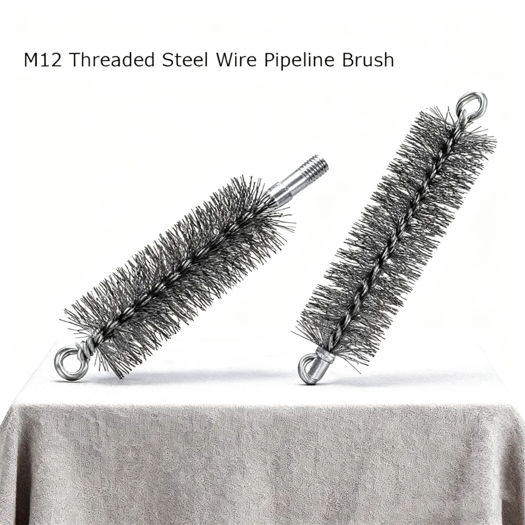 1pcs M12 Threaded Steel Wire Pipeline Brush Chimney Industrial Boiler Long Shank Brush for Cleaning Rust Removal Dia25~75mm