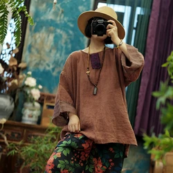 Oversized Women Casual T-shirt New Arrival 2025 Spring Vintage Style O-neck Solid Color Loose Female Cotton Linen Tops Tees M557