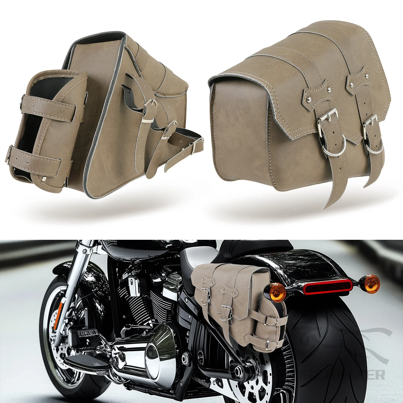 1Pcs Right Or Left Vintage Brown Motorcycle Side SaddleBag Luggage And Bottle Holder PU Leather Universal For Most Motorcar