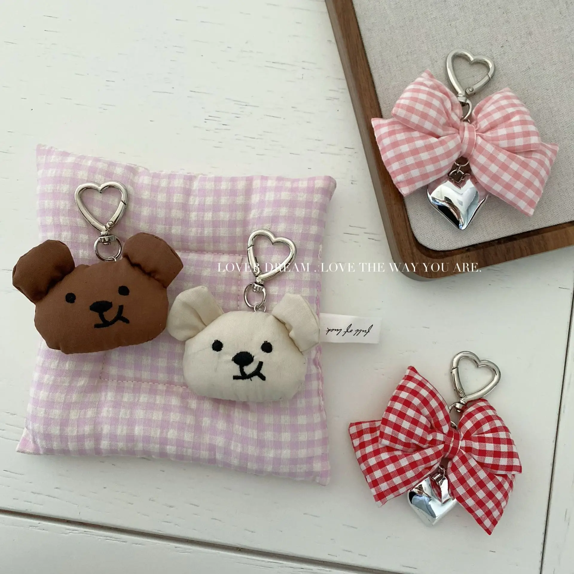 Padded Fabric Dog Keychain with Plaid Bow and Heart Cute Stuffed Animal Bag Charm Pendant Lightweight for Women Gift