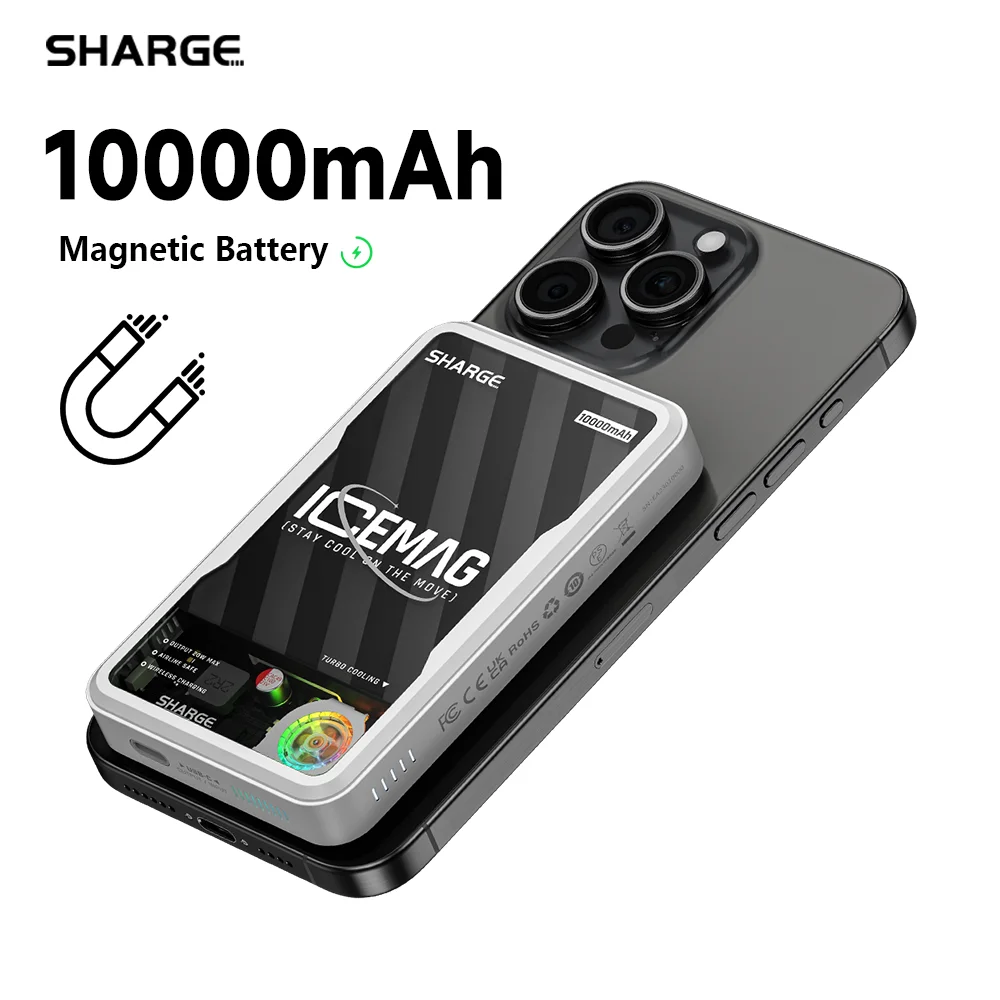 SHARGE 10000mAh Wireless Magnetic Power Bank Fast Charge 20W With Active Cooling Fan for iPhone 15 14 Pro Max Magsafe Powerbank