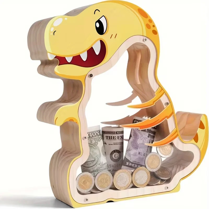 New Wood Dinosaur Shape Money Box Piggy Banks Kids Coin Storage Case Children Cash Saving Transparent Home Decor