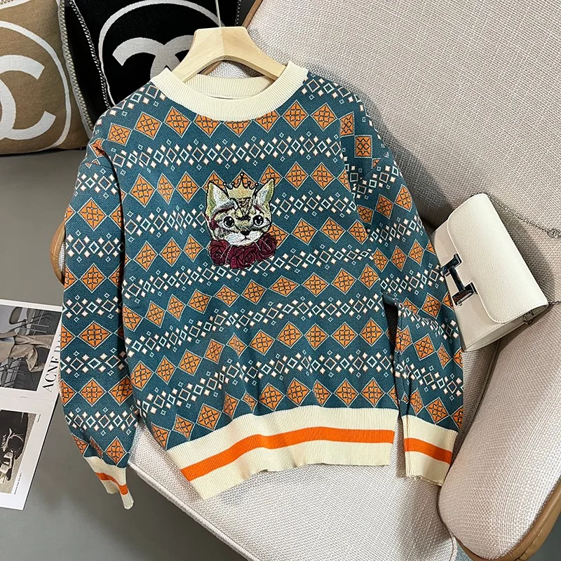 Argyle Kitty Embroidered Sweater Jumpers Women Vintage Stylish Fashion Loose Pullover Tops Long Sleeve O-neck Chic Knitwear 2023