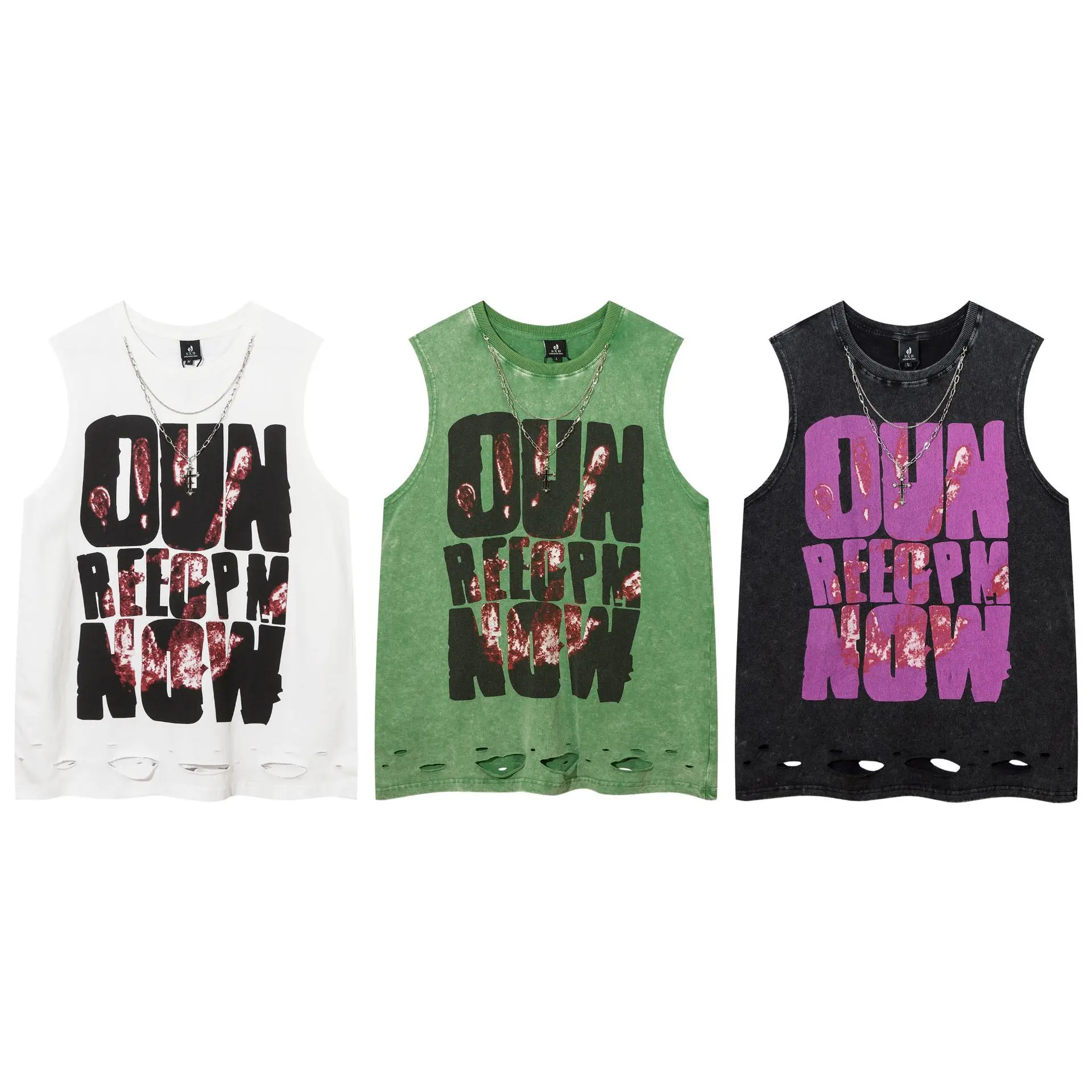 Summer Hip Hop Vests with Chain European and American Streetwear Vest Men\'s Washed Ripped Necklace Sleeveless Tshirts Tops