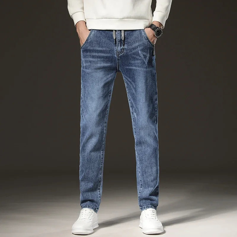 الشتاء الدافئ الجينز الرجال الصوف الضوء الأزرق سليم مستقيم الدينيم السراويل عالية الجودة رشاقته المخملية مرونة الراحة بناطيل كاجوال #6