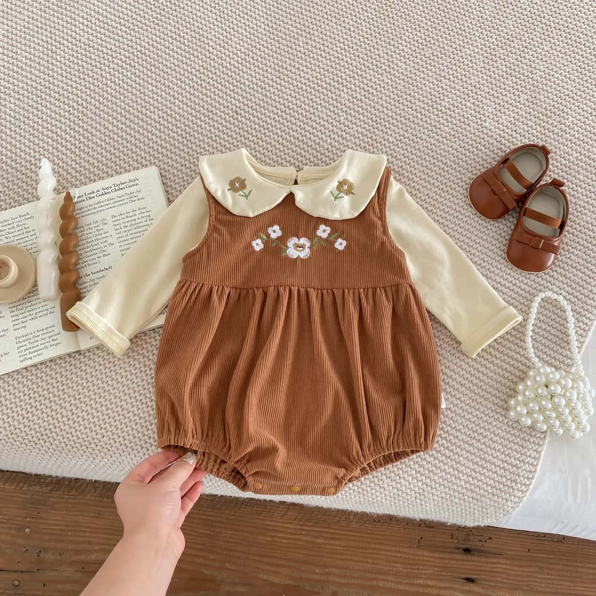 Baby  Suit Sleeveless Romper + Long Sleeves Shirt Corduroy Embroidered   Sweetheart  Baby Girls Bodysuit 1-3Y