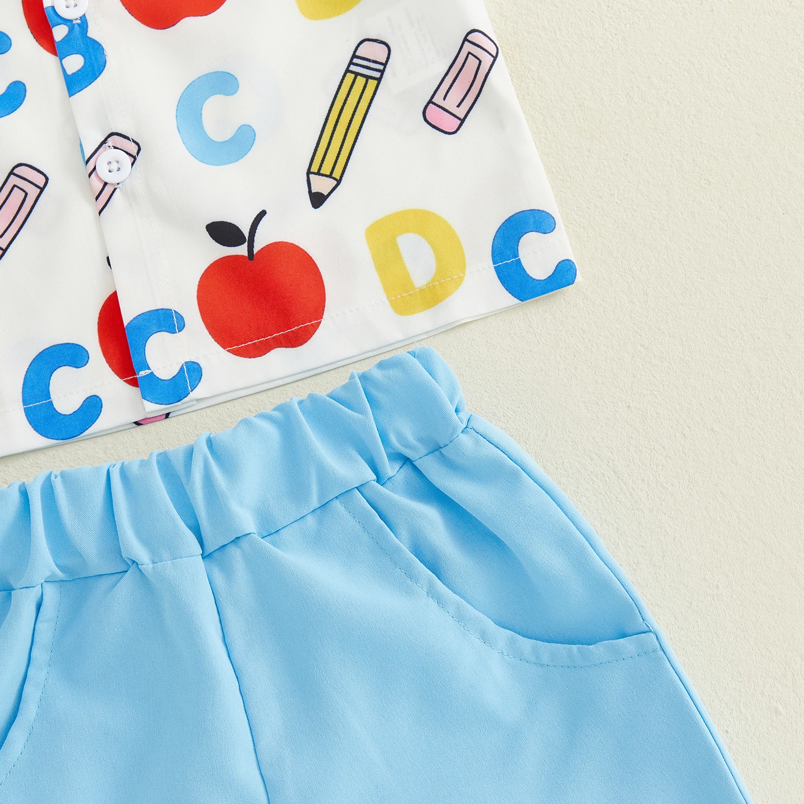 Toddler Boy Back-to-School Outfit Apple Pencil Letter Print Button up Short Sleeves Shirt with Bow Tie and Shorts Set
