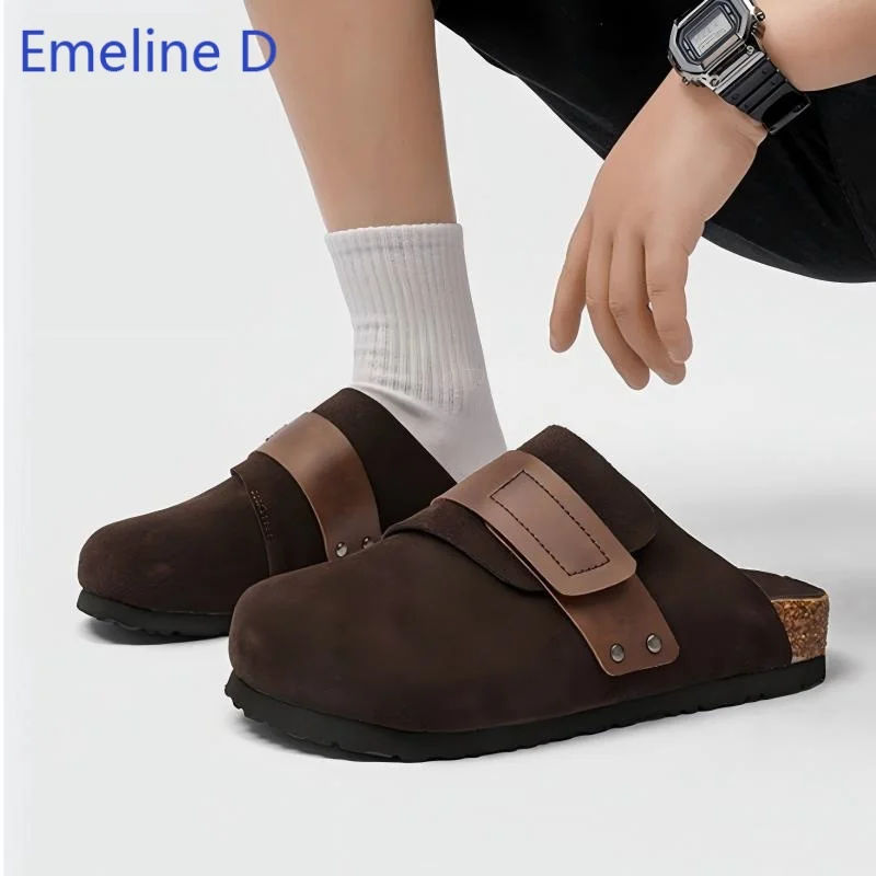 Men Casual Backless Mule Clogs Round Toe Suede Surface Cork Midsole Adjustable Buckle Strap Slip On Flat Daily Slipper Shoes