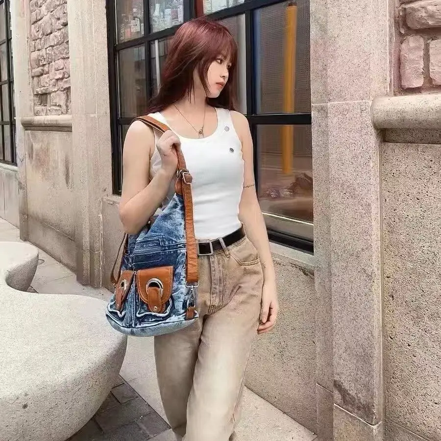 Bolsa jeans punk syzm para mulheres, mochila casual de estudante de grande capacidade, bolsa de ombro multi-carry feminina, y2k