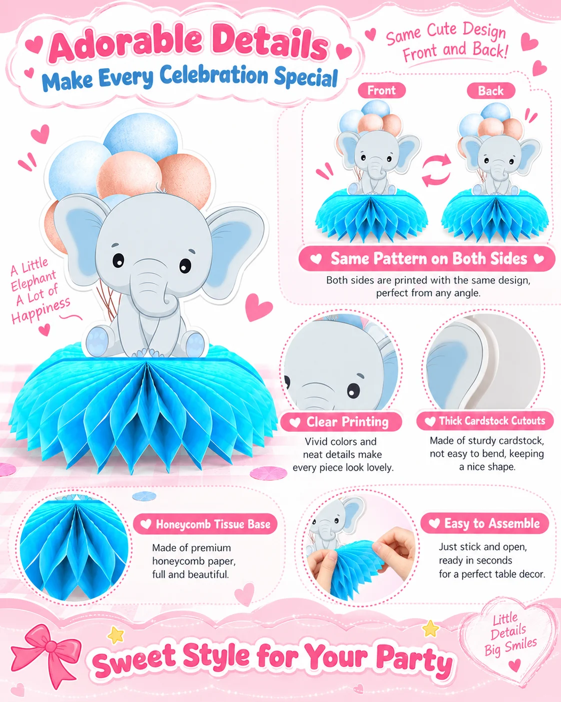 8 Stück Blaue Elefanten Waben-Tischdekoration 3D Tier Party DIY Dekorationen für Geburtstag Babyparty Partyzubehör – Detail 2