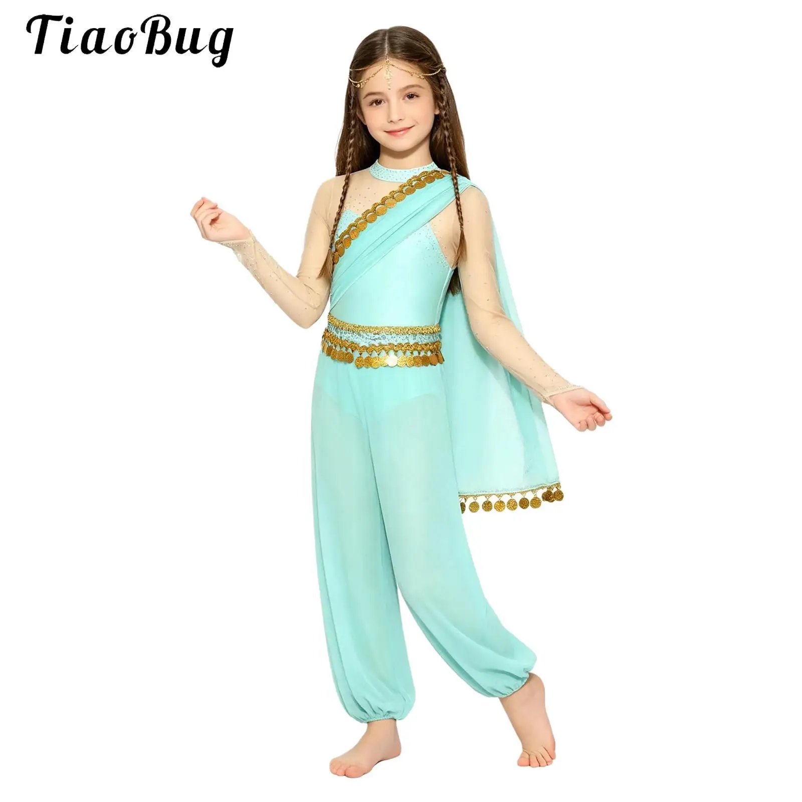 Kids Girls Arabian Princess Costume Belly Dance Jumpsuit Sequins Tassels Rhinestone Sheer Mesh Rompers Halloween Indian Dress Up