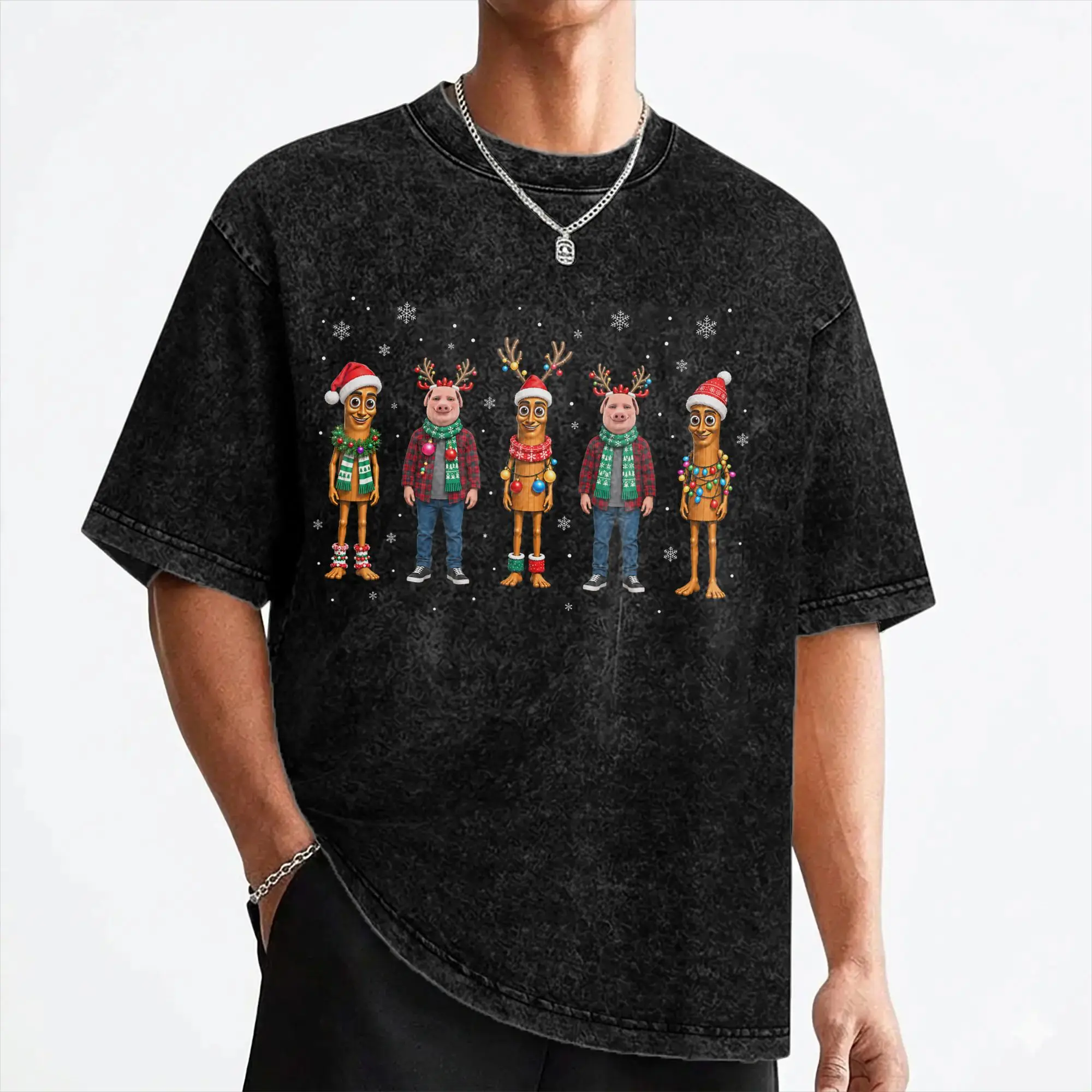 Christmas Lights Tung Sahur John Pork Santa T Shirts Washed Cotton T-Shirts Vintage Men Women Streetwear Summer Tee Shirt