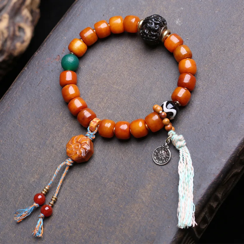 Chinese Traditional Tibetan Style Yak Bone Barrel Bead Bracelet For Men Good Luck Blessing Wealth Prayer Jewelry With Agate Acce