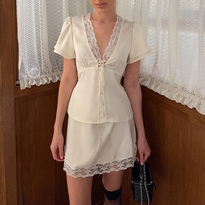 Fashion Solid V-Neck Lace Patchwork Top Casual Skirt Sets New Vacation Party Women Dress SetsSummer Skirt 2-Piece Set
