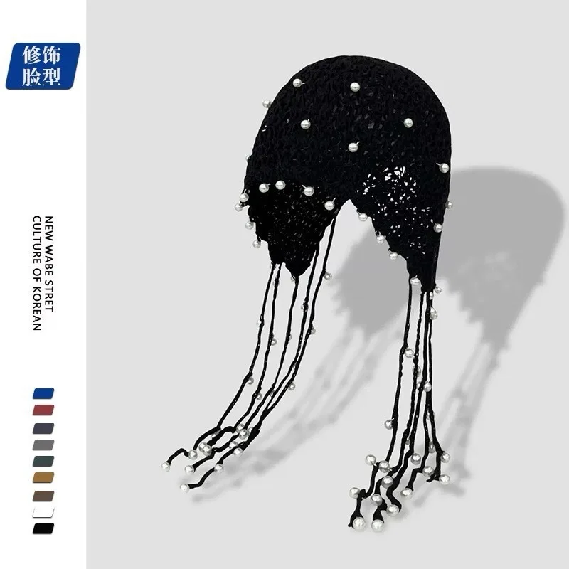 الخريف والشتاء اللؤلؤ قلادة شرابة جوفاء خارج قبعات منسوجة خمر السفر الزي بيني الأغطية للنساء #5