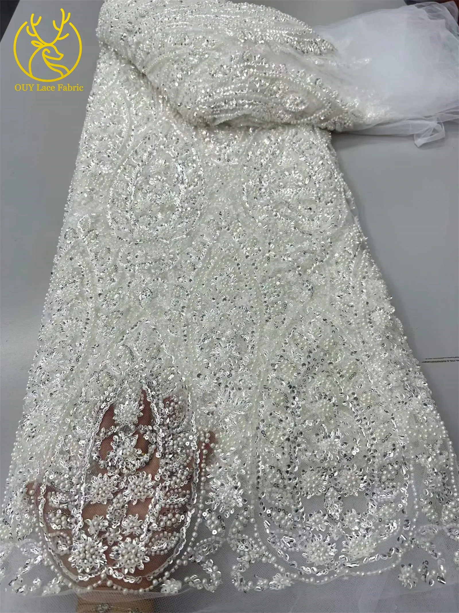 Nigerianischer Exquisiter Luxuriöser Spitzenstoff 2026, 5 Yards Afrikanischer Spitzenstoff mit Französischen Pailletten und Perlen, Tüllstoff für Kleider und Näharbeiten – Detail 7